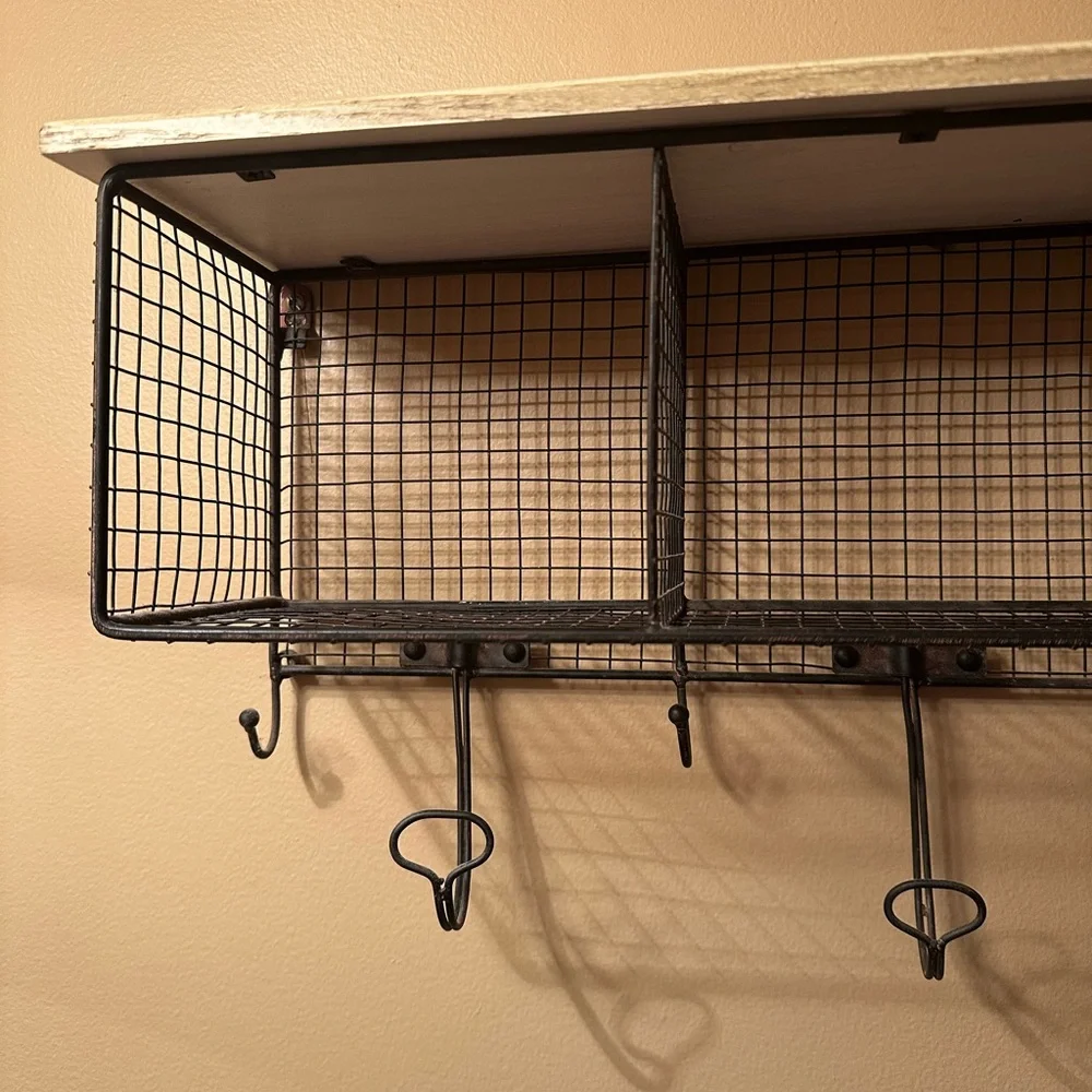 Vintage wood & metal shelf with cubbies and hooks